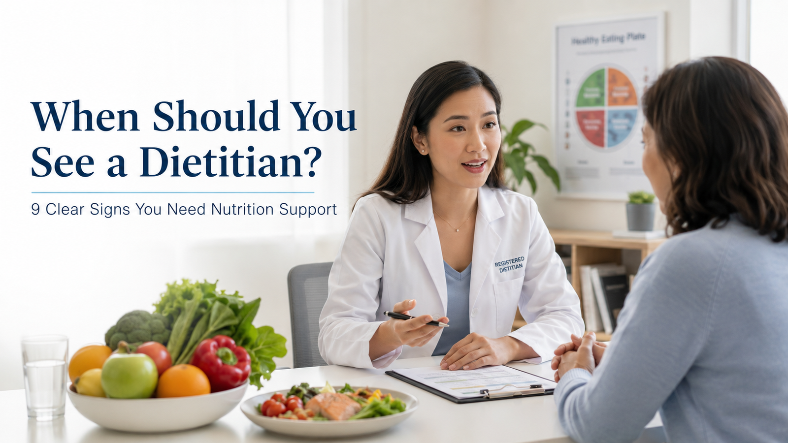Dietitian consulting a patient about nine signs that indicate a need for professional nutrition support.